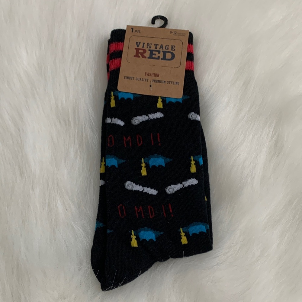 Vintage Red Men's Black Socks with Colorful Patterns